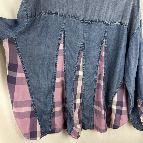 Billy T Love You To Pieces Shirt Women XL Blue Purple Chambray Denim Plaid Boho - Picture 14 of 15